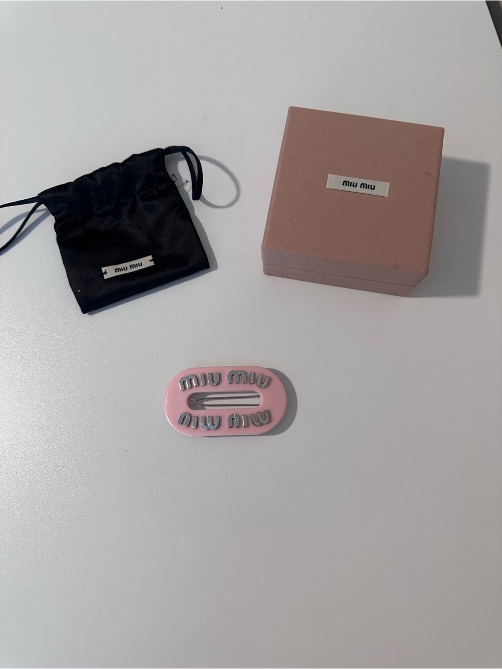 Miu Miu Pink Enamel Logo Hair Clip full inclusion